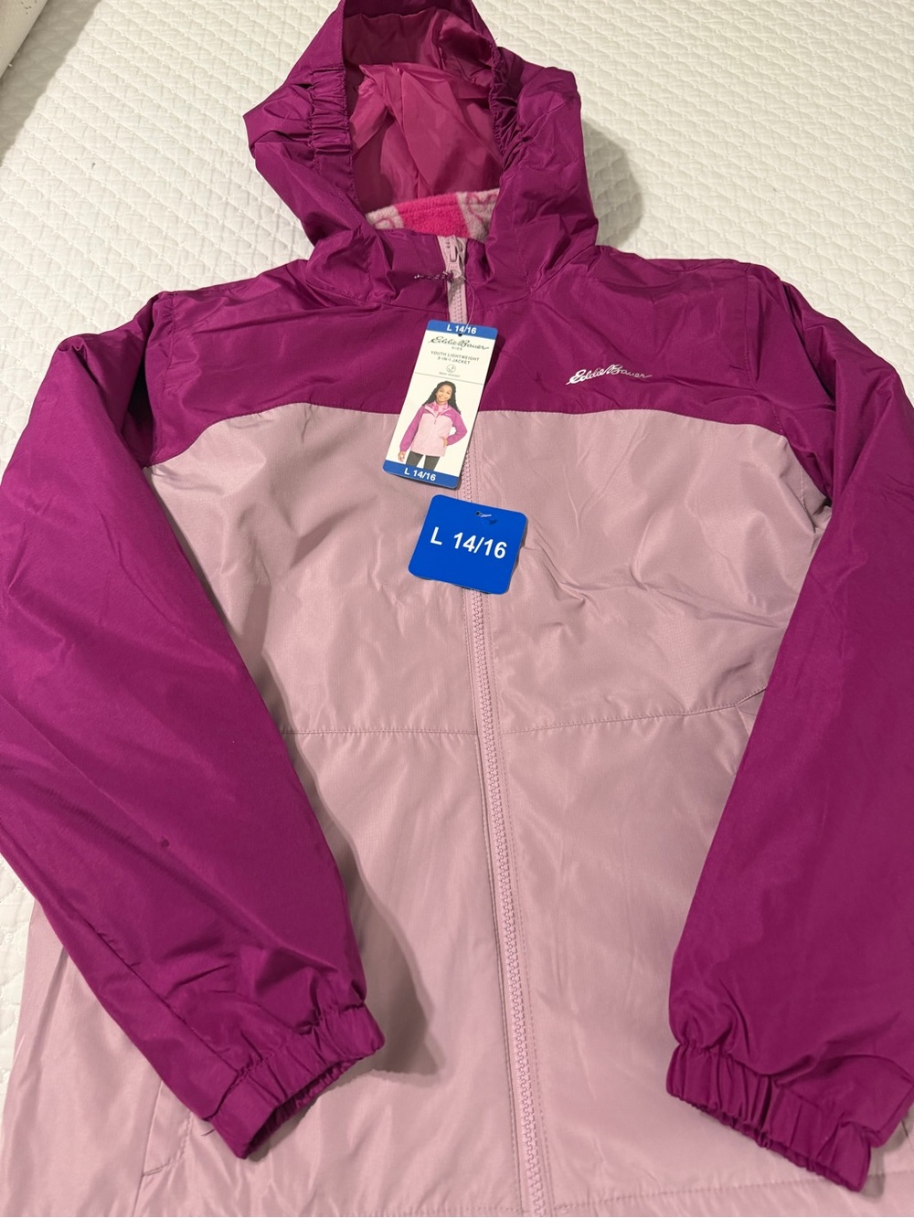 Eddie Bauer Girls' Two-Tone Magenta and Light Pink Hooded Rain Jacket